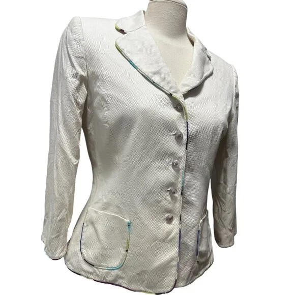 Stresa Collared Purple Button Cotton Blazer Sz 8 (Medium) Womens Cream Floral Ta - Picture 7 of 10